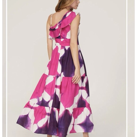 Busayo Collective Tie Dye One Shoulder Maxi Dress L  Tiered Ruffled Party Summer - Picture 3 of 12